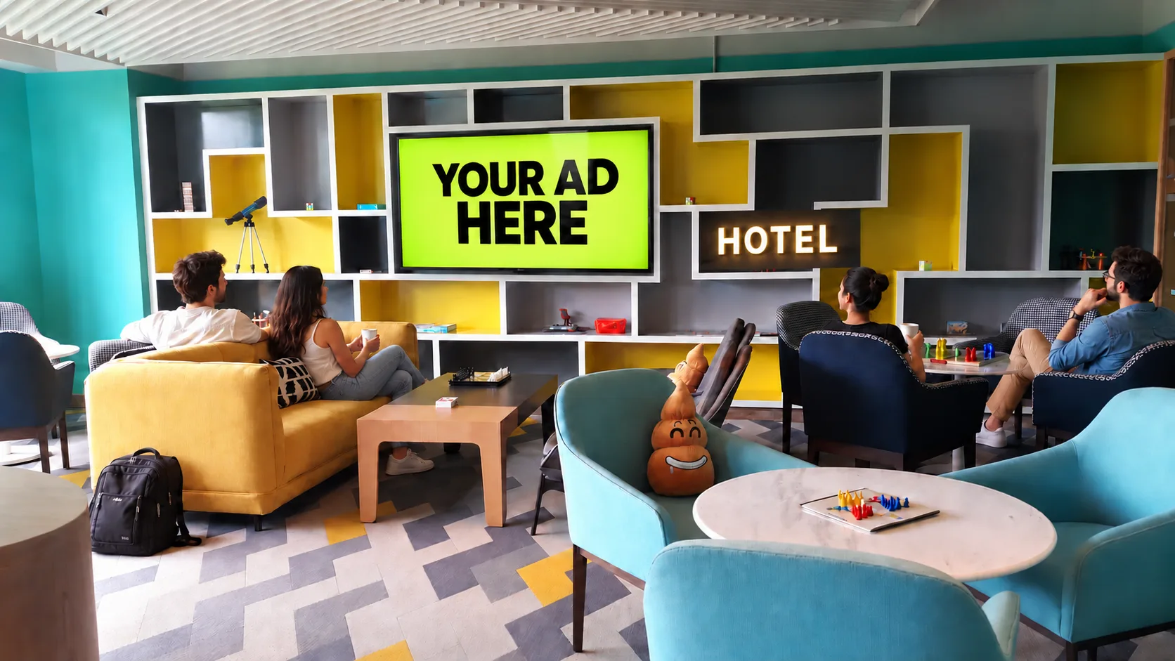 Otel salonuna yerleştirilmiş reklam ekranı konsepti