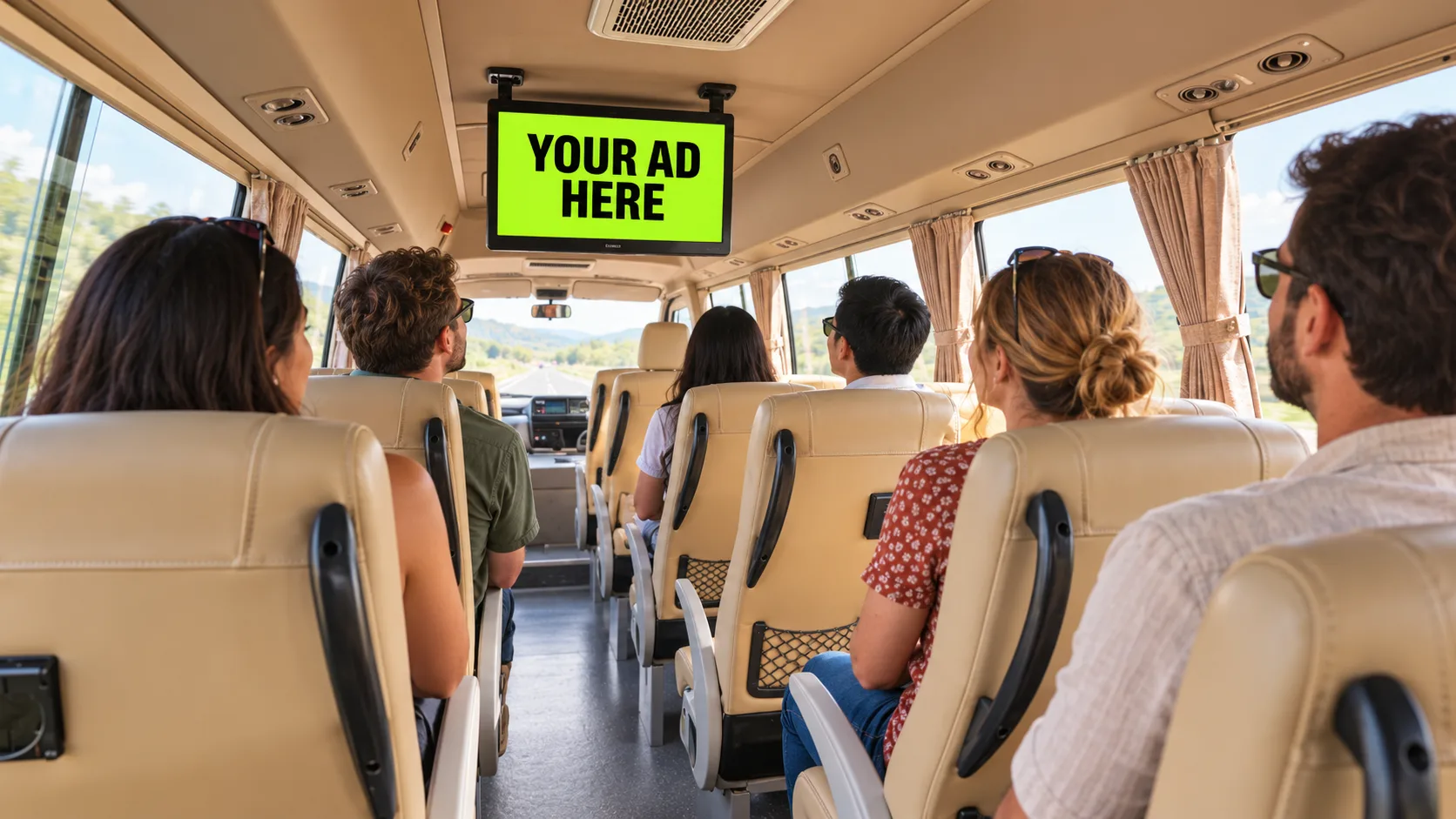 Turist minibüsüne yerleştirilmiş reklam ekranı konsepti