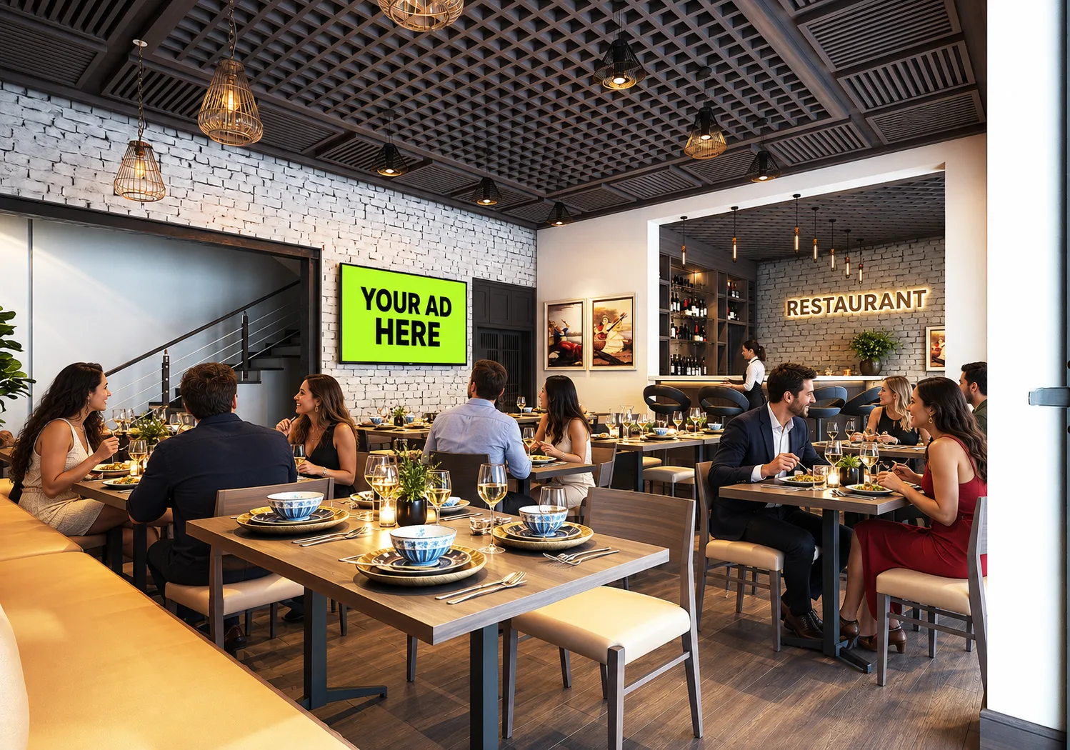 Yoğun bir restorana yerleştirilmiş reklam ekranı konsepti