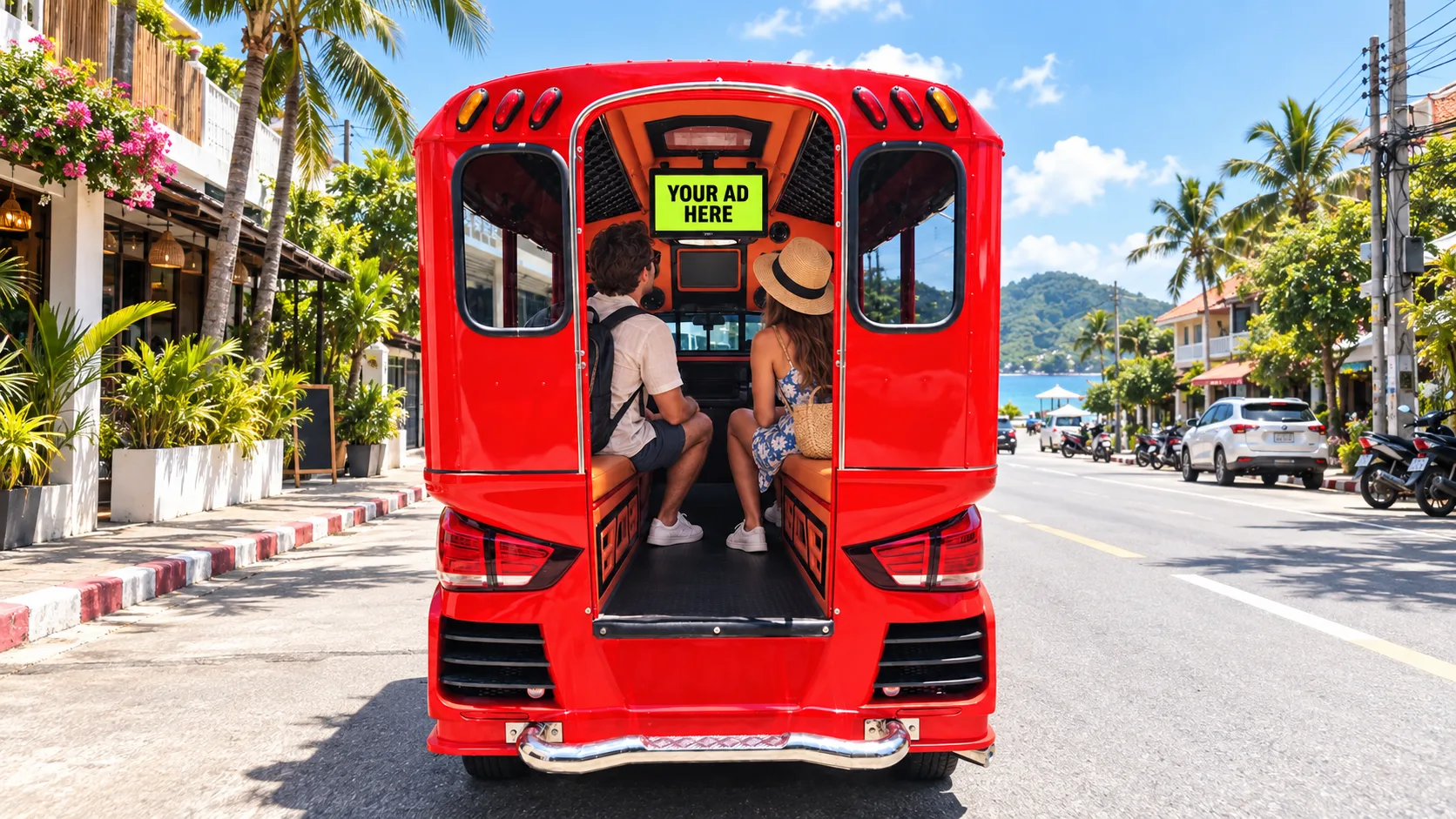 Phuket tuk-tukuna yerleştirilmiş reklam ekranı konsepti